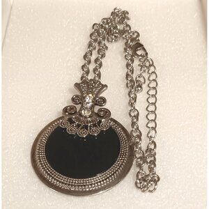 Vintage-Inspired Silver-Tone Pendant Necklace With Black Enamel & Rhinestone Acc
